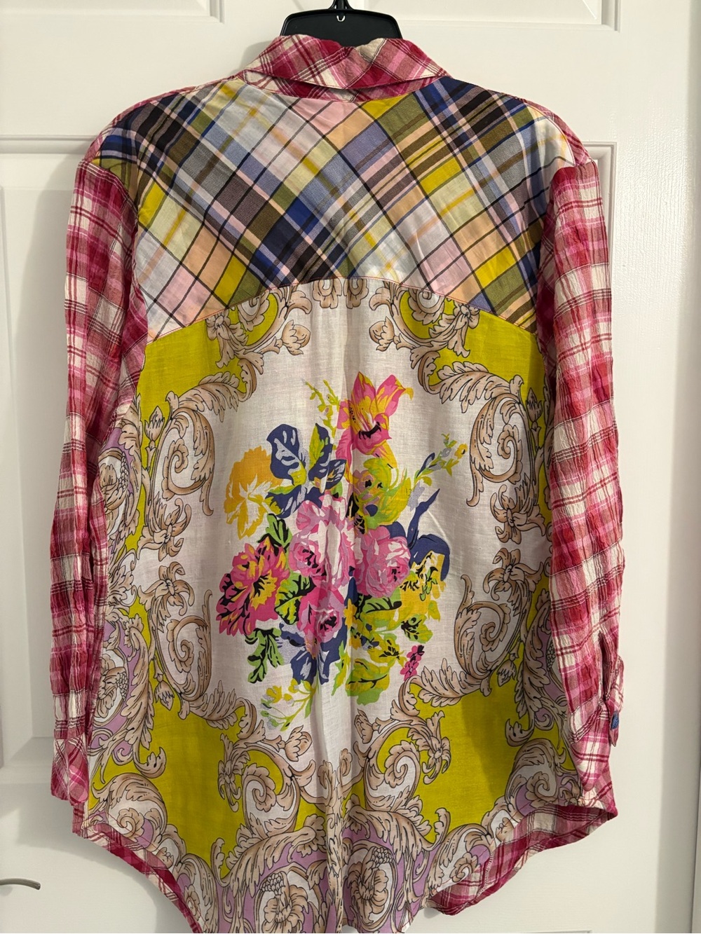 Aratta Silent Journey Mixed-Print Button-Up Top - Pink Plaid & Floral